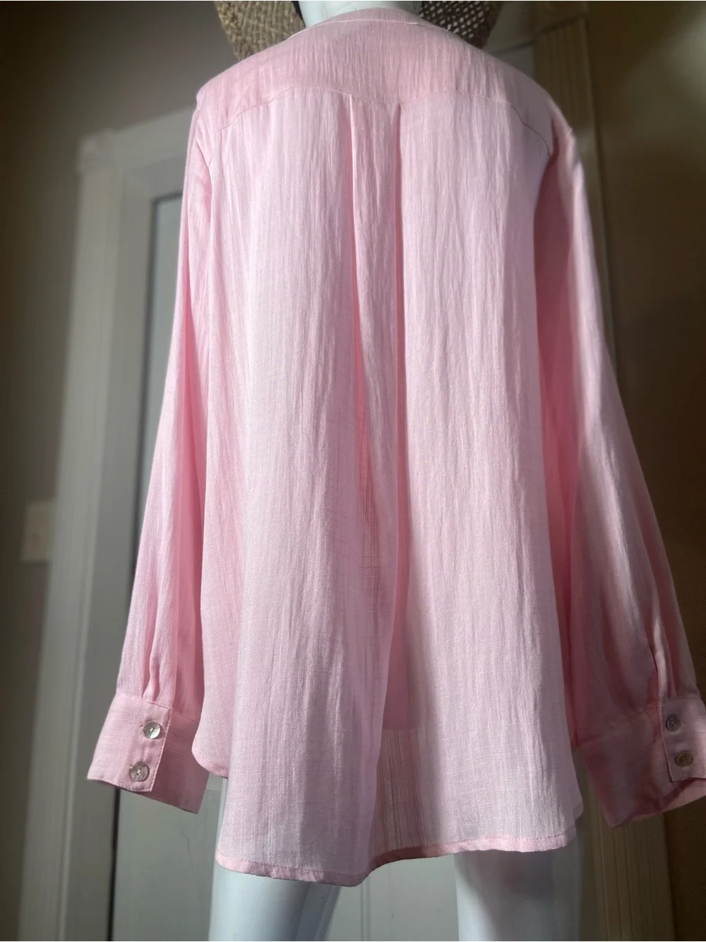 Kori~Light Pink-1/2 Button-Front~Popover~Blouse~Long Sleeve~Chest Pockets~Size L